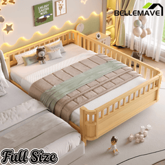Bellemave® Kids Wood Bed Frame with Detachable Fence, Montessori Bed with Headboard & Footboard,No Box Spring Needed - Bellemave