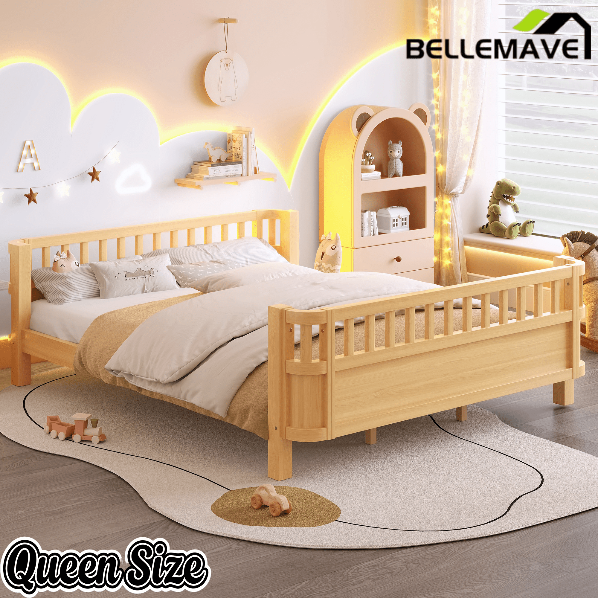 Bellemave® Kids Wood Bed Frame with Detachable Fence, Montessori Bed with Headboard & Footboard,No Box Spring Needed - Bellemave