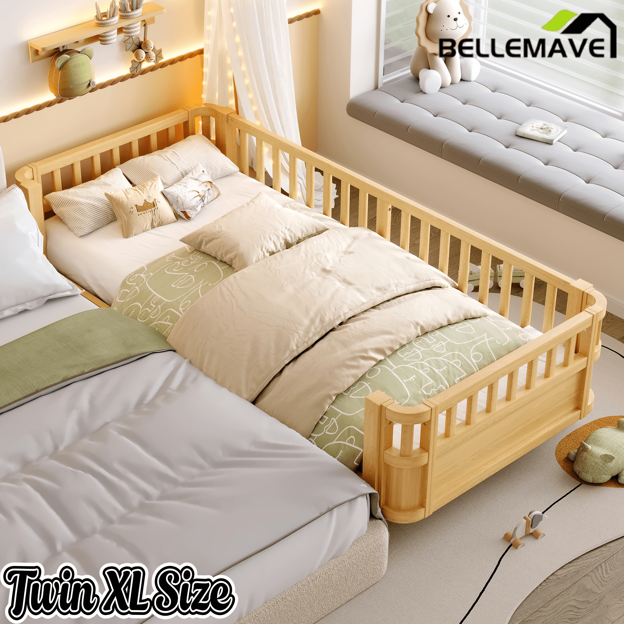 Bellemave® Kids Wood Bed Frame with Detachable Fence, Montessori Bed with Headboard & Footboard,No Box Spring Needed - Bellemave