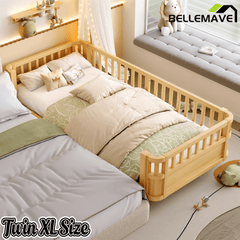 Bellemave® Kids Wood Bed Frame with Detachable Fence, Montessori Bed with Headboard & Footboard,No Box Spring Needed - Bellemave