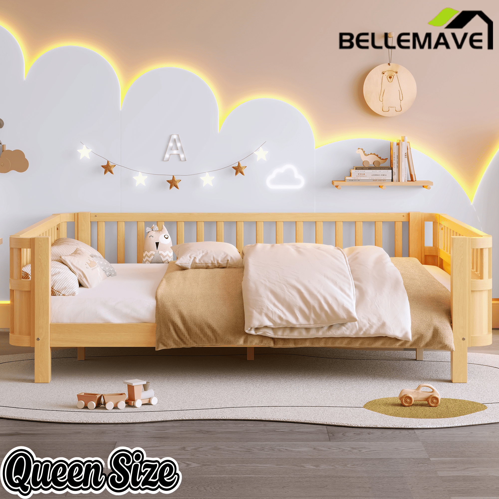 Bellemave® Kids Wood Bed Frame with Detachable Fence, Montessori Bed with Headboard & Footboard,No Box Spring Needed - Bellemave