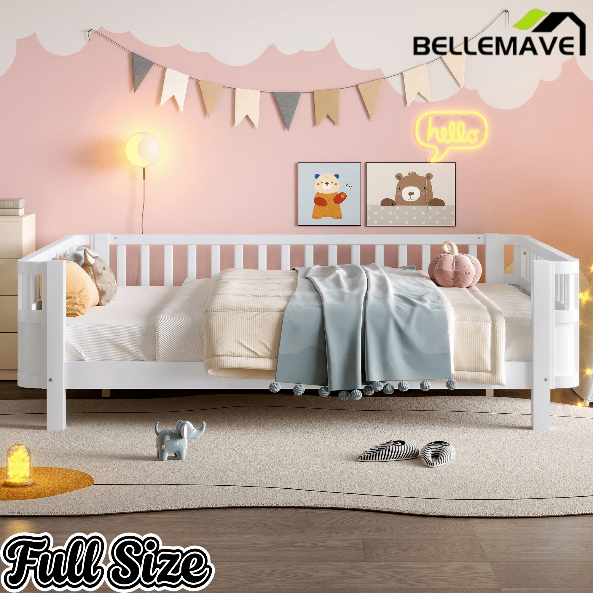 Bellemave® Kids Wood Bed Frame with Detachable Fence, Montessori Bed with Headboard & Footboard,No Box Spring Needed - Bellemave