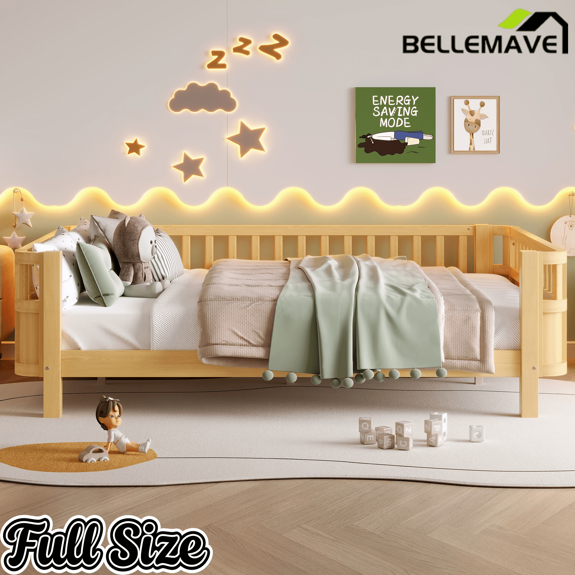 Bellemave® Kids Wood Bed Frame with Detachable Fence, Montessori Bed with Headboard & Footboard,No Box Spring Needed - Bellemave