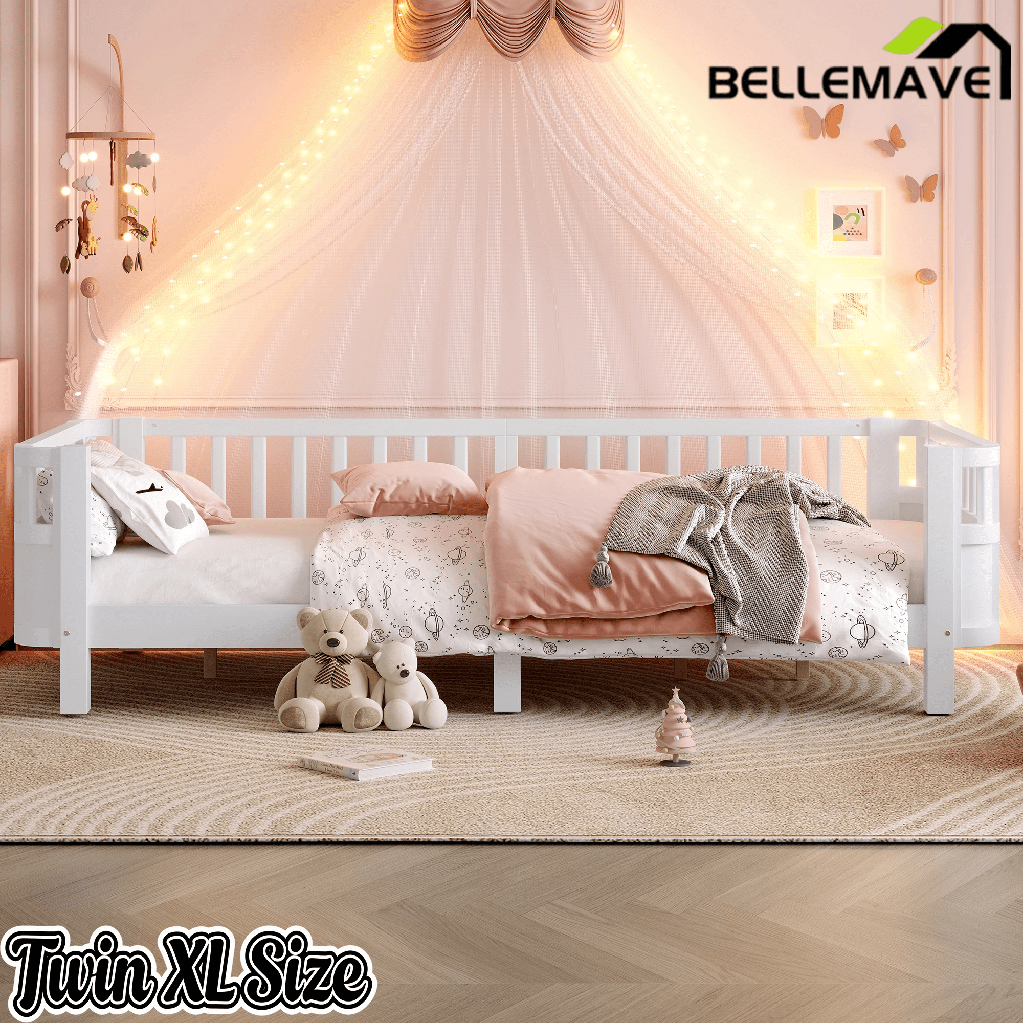 Bellemave® Kids Wood Bed Frame with Detachable Fence, Montessori Bed with Headboard & Footboard,No Box Spring Needed - Bellemave