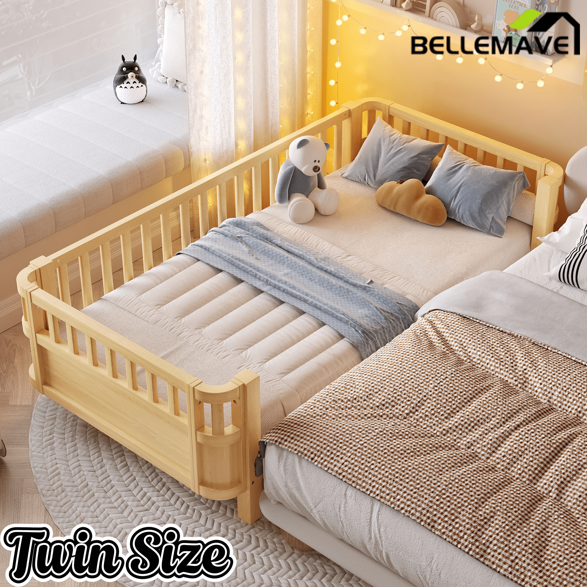 Bellemave® Kids Wood Bed Frame with Detachable Fence, Montessori Bed with Headboard & Footboard,No Box Spring Needed - Bellemave