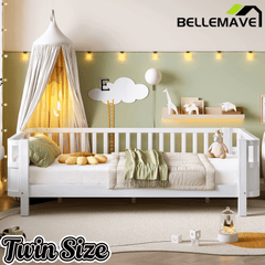 Bellemave® Kids Wood Bed Frame with Detachable Fence, Montessori Bed with Headboard & Footboard,No Box Spring Needed - Bellemave