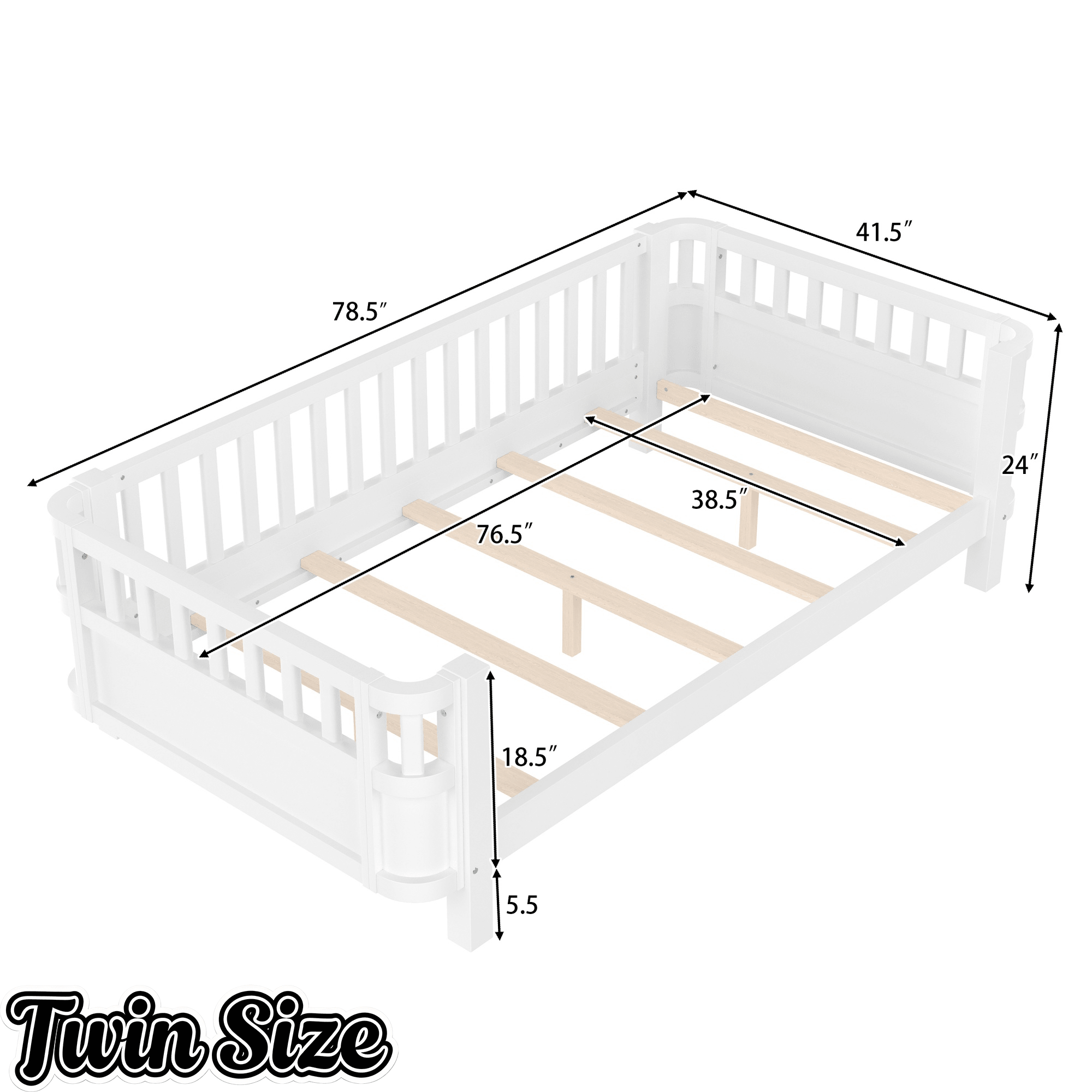 Bellemave® Kids Wood Bed Frame with Detachable Fence, Montessori Bed with Headboard & Footboard,No Box Spring Needed - Bellemave