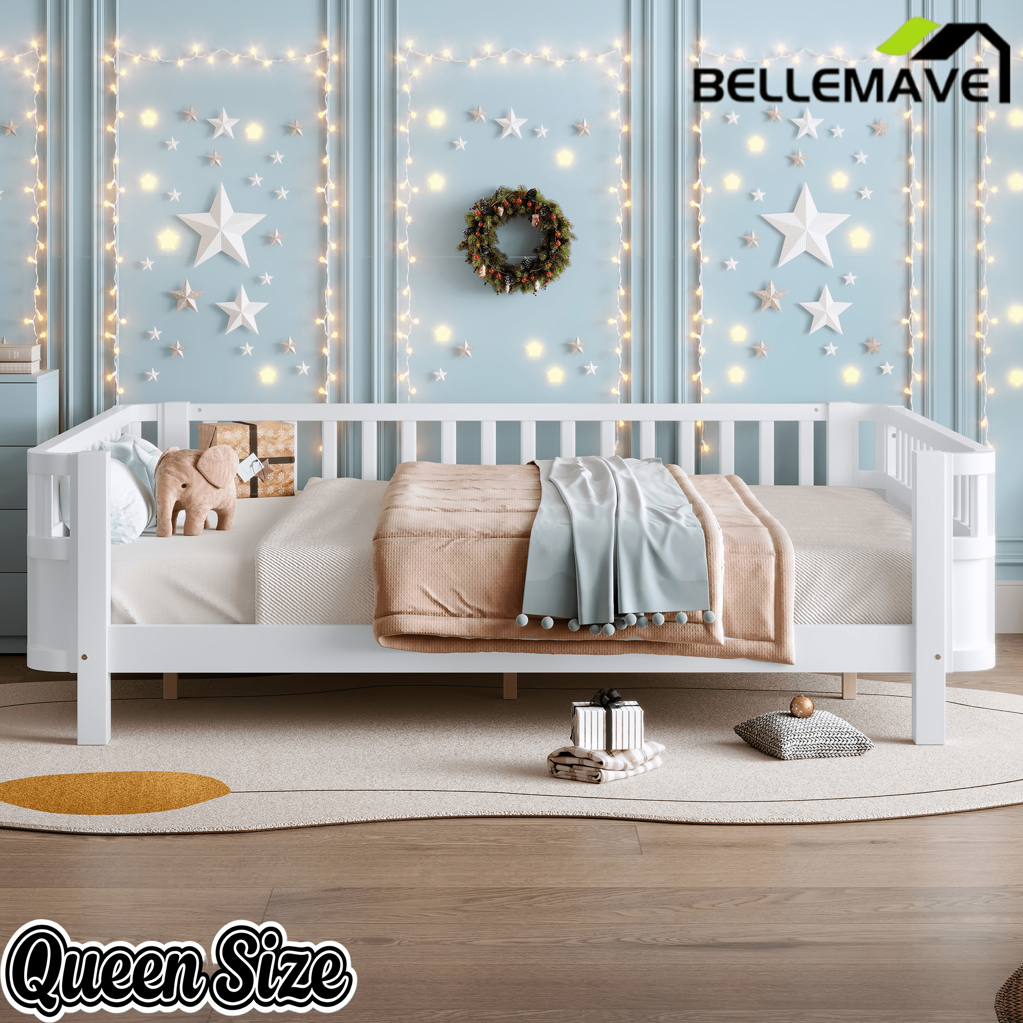 Bellemave® Kids Wood Bed Frame with Detachable Fence, Montessori Bed with Headboard & Footboard,No Box Spring Needed - Bellemave