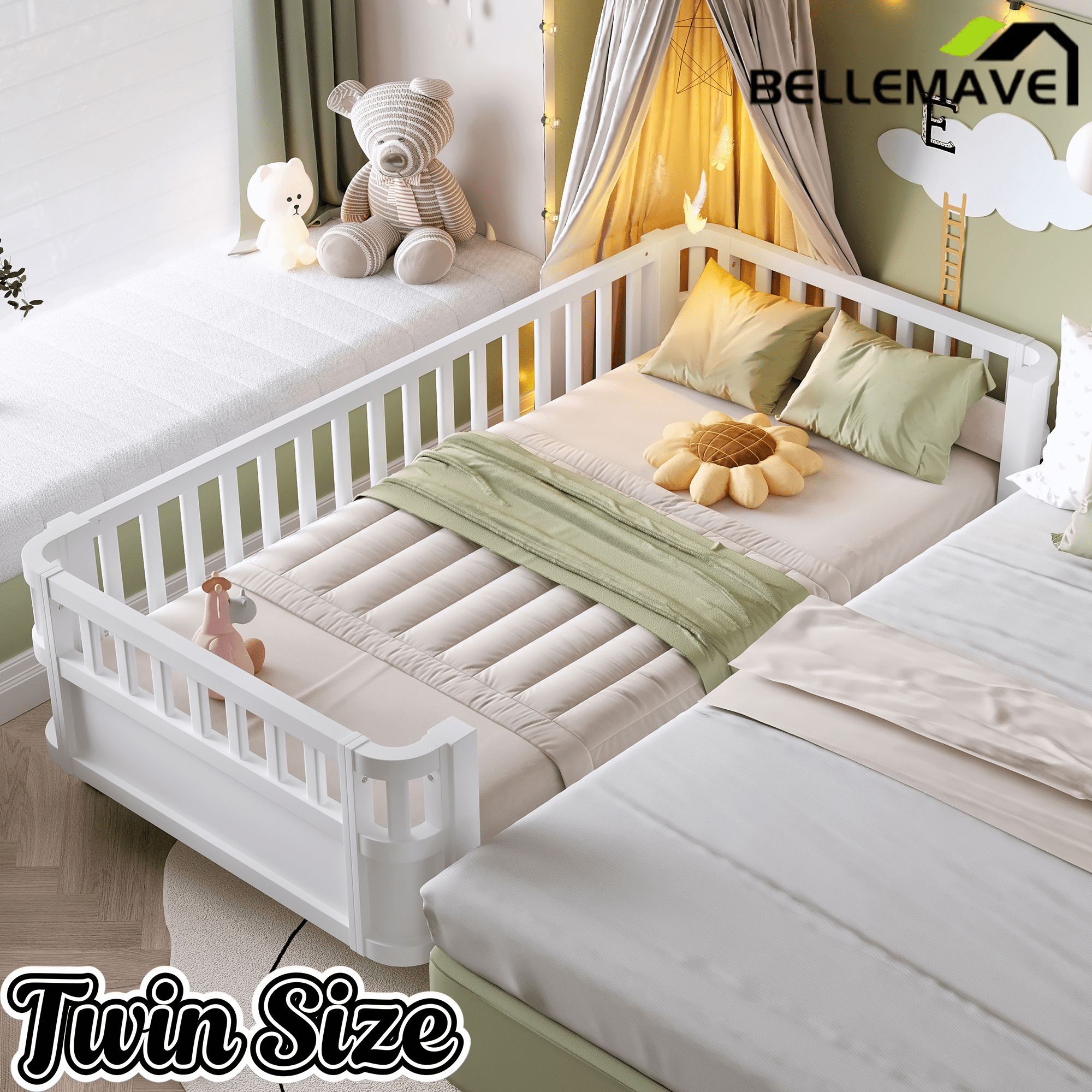 Bellemave® Kids Wood Bed Frame with Detachable Fence, Montessori Bed with Headboard & Footboard,No Box Spring Needed - Bellemave