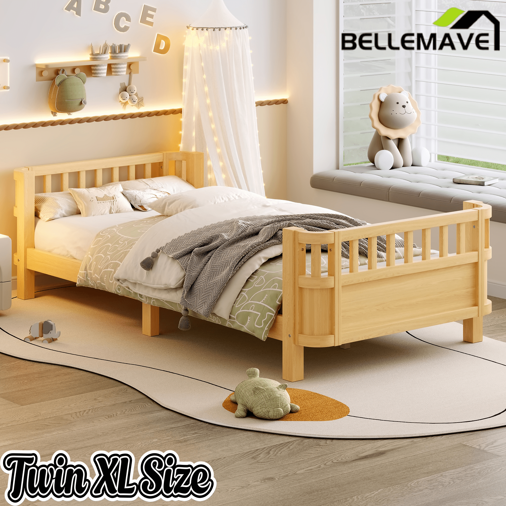 Bellemave® Kids Wood Bed Frame with Detachable Fence, Montessori Bed with Headboard & Footboard,No Box Spring Needed - Bellemave