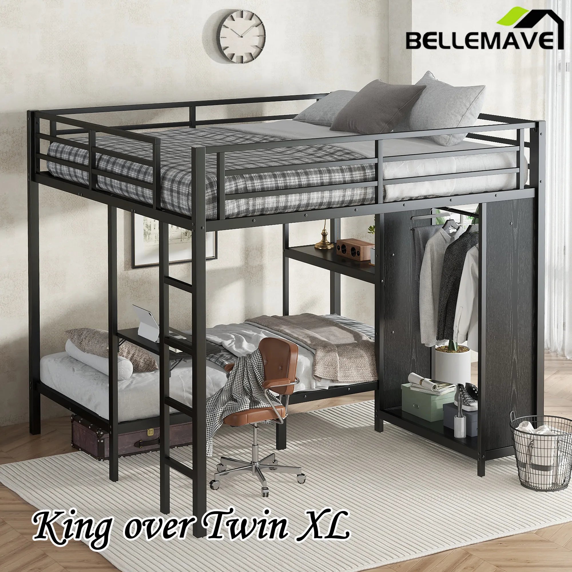 Bellemave® King over Twin XL Metal Bunk Bed with Built - in Wardrobe and Foldable Desk - Bellemave
