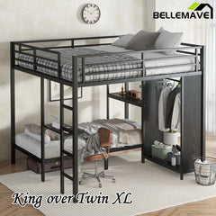 Bellemave® King over Twin XL Metal Bunk Bed with Built - in Wardrobe and Foldable Desk - Bellemave