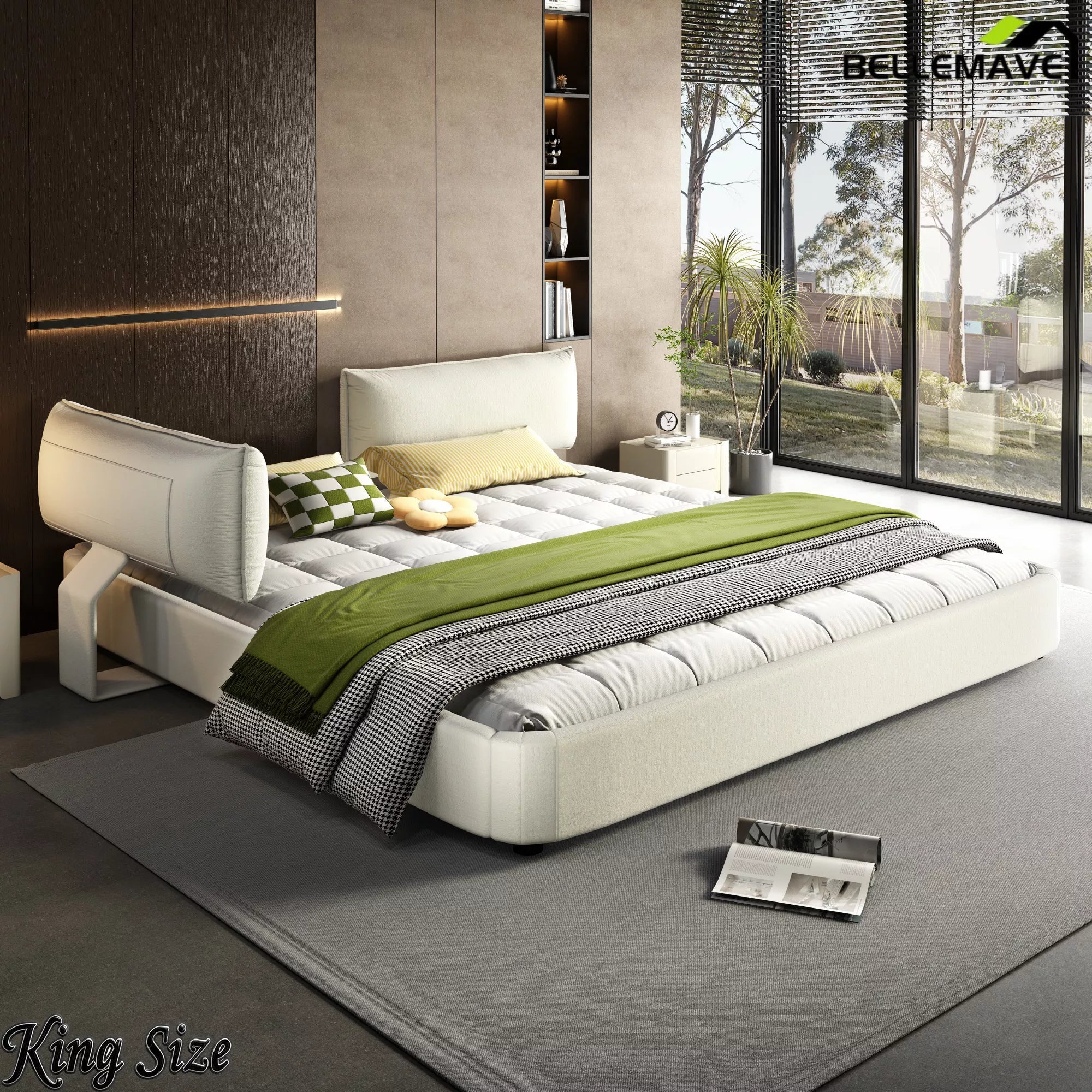 White Upholstered Platform Bed Side Angle View