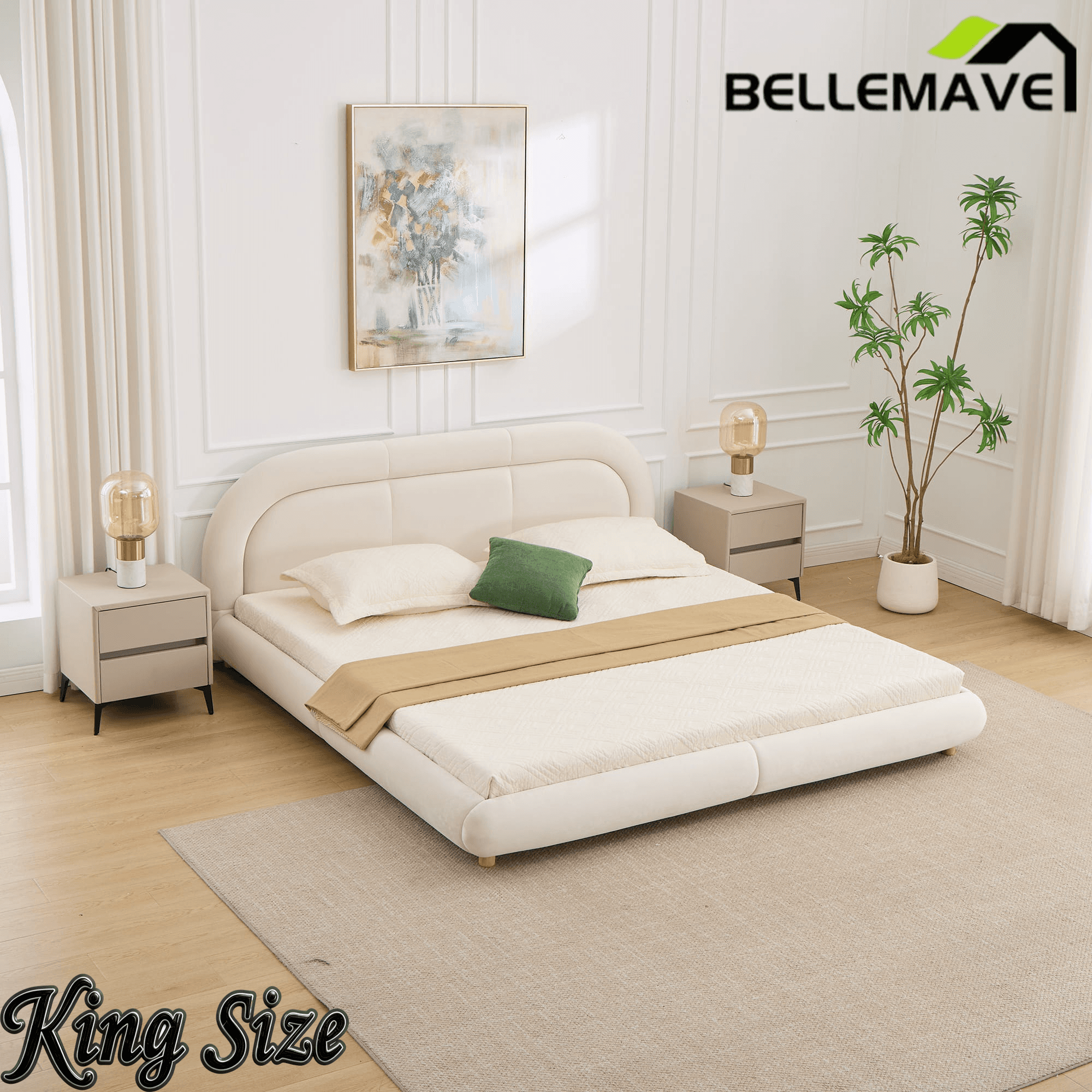 Bellemave® King Size Modern Curved Upholstered Low Profile Platform Bed Frame with Rounded Headboard, Soft Velvet Fabric & Sturdy Metal Frame - Bellemave
