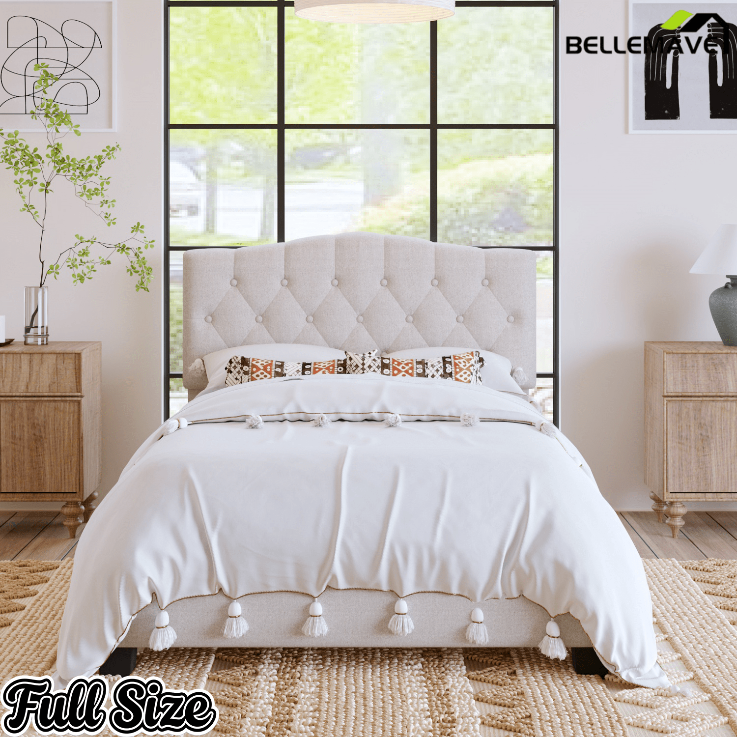 Bellemave® King Size Upholstered Platform Bed Frame with Saddle Curved Headboard & Diamond Tufted Details, Wooden Slats Support, No Box Spring Needed, Under Bed Storage - Bellemave