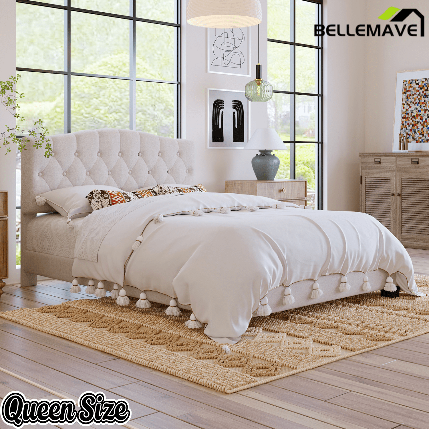 Bellemave® King Size Upholstered Platform Bed Frame with Saddle Curved Headboard & Diamond Tufted Details, Wooden Slats Support, No Box Spring Needed, Under Bed Storage - Bellemave