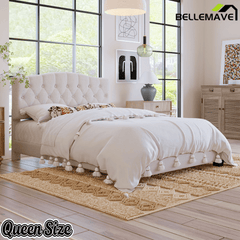 Bellemave® King Size Upholstered Platform Bed Frame with Saddle Curved Headboard & Diamond Tufted Details, Wooden Slats Support, No Box Spring Needed, Under Bed Storage - Bellemave
