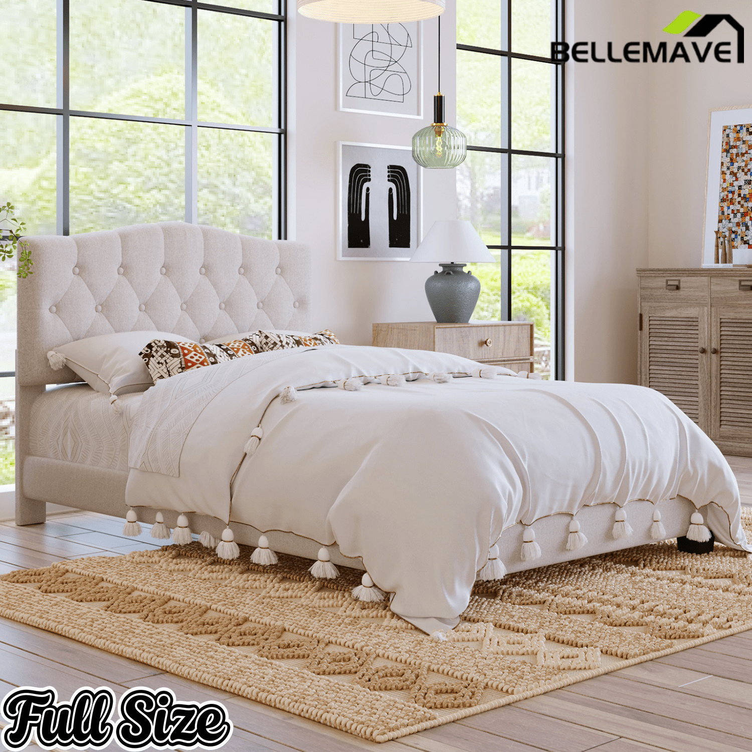 Bellemave® King Size Upholstered Platform Bed Frame with Saddle Curved Headboard & Diamond Tufted Details, Wooden Slats Support, No Box Spring Needed, Under Bed Storage - Bellemave