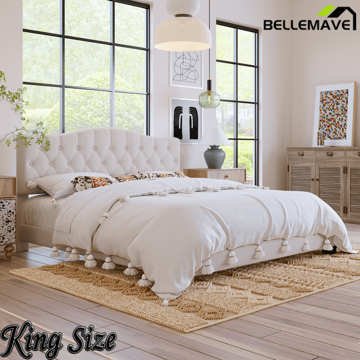 Bellemave® King Size Upholstered Platform Bed Frame with Saddle Curved Headboard & Diamond Tufted Details, Wooden Slats Support, No Box Spring Needed, Under Bed Storage - Bellemave