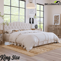 Bellemave® King Size Upholstered Platform Bed Frame with Saddle Curved Headboard & Diamond Tufted Details, Wooden Slats Support, No Box Spring Needed, Under Bed Storage - Bellemave