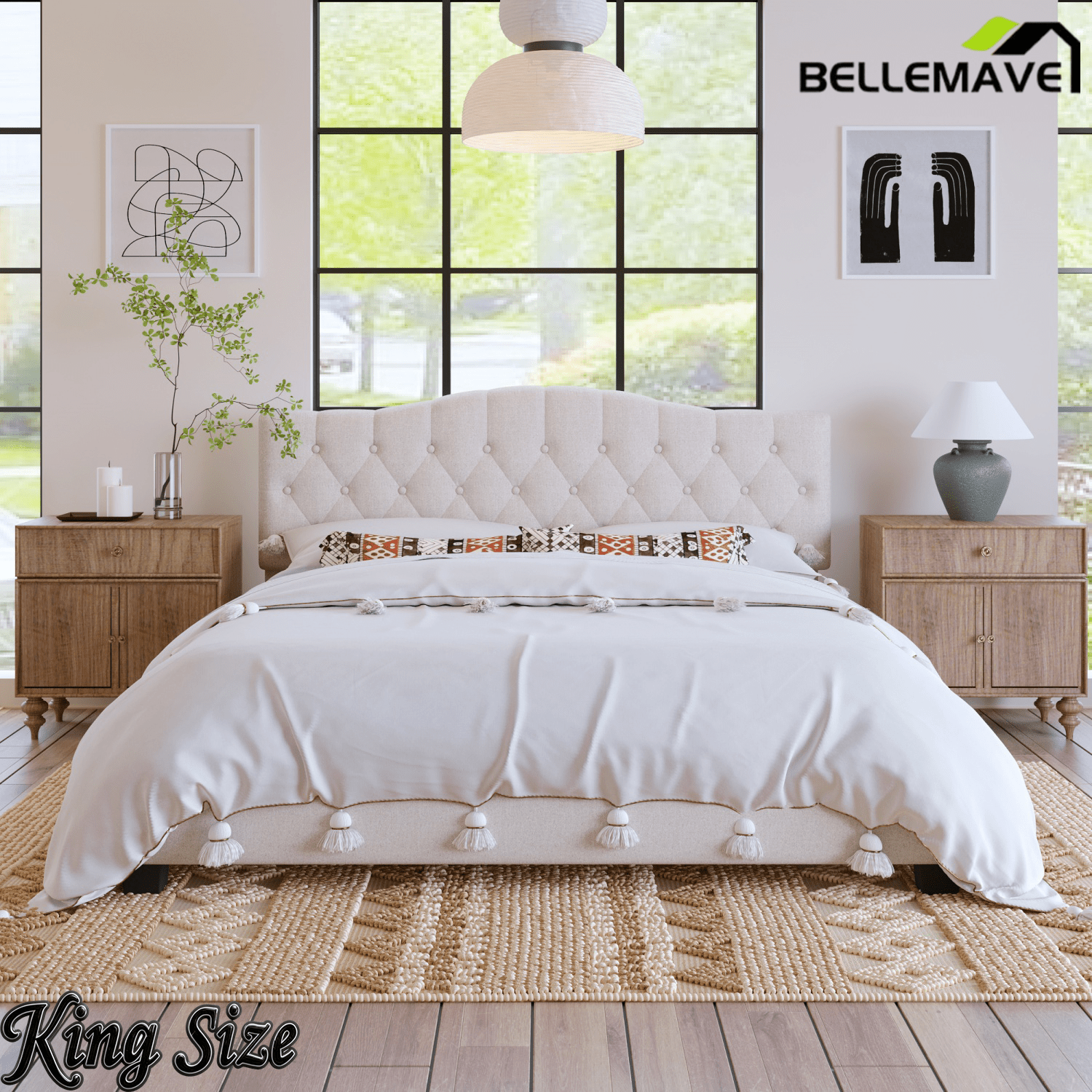 Bellemave® King Size Upholstered Platform Bed Frame with Saddle Curved Headboard & Diamond Tufted Details, Wooden Slats Support, No Box Spring Needed, Under Bed Storage - Bellemave