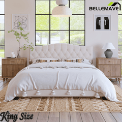 Bellemave® King Size Upholstered Platform Bed Frame with Saddle Curved Headboard & Diamond Tufted Details, Wooden Slats Support, No Box Spring Needed, Under Bed Storage - Bellemave