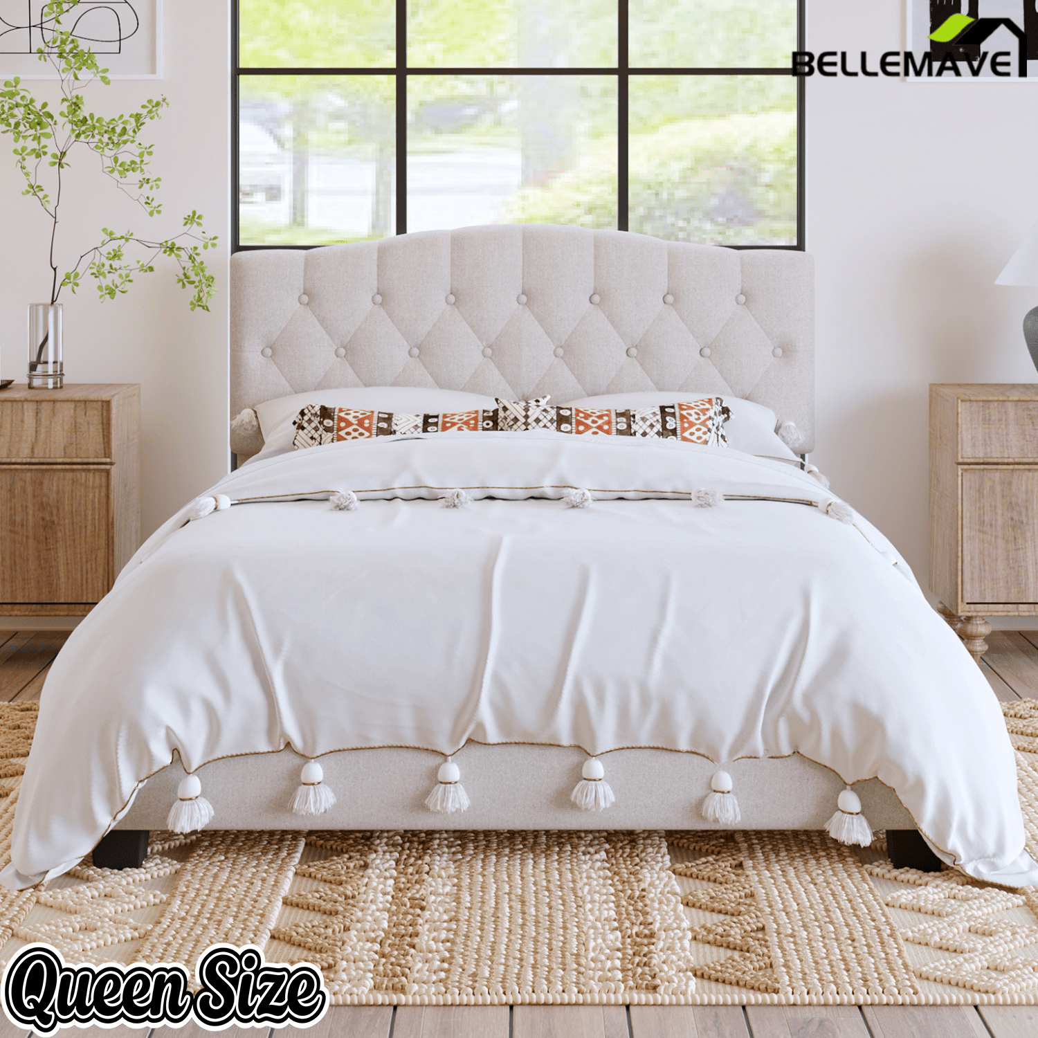 Bellemave® King Size Upholstered Platform Bed Frame with Saddle Curved Headboard & Diamond Tufted Details, Wooden Slats Support, No Box Spring Needed, Under Bed Storage - Bellemave