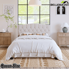 Bellemave® King Size Upholstered Platform Bed Frame with Saddle Curved Headboard & Diamond Tufted Details, Wooden Slats Support, No Box Spring Needed, Under Bed Storage - Bellemave