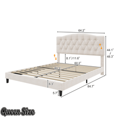 Bellemave® King Size Upholstered Platform Bed Frame with Saddle Curved Headboard & Diamond Tufted Details, Wooden Slats Support, No Box Spring Needed, Under Bed Storage - Bellemave