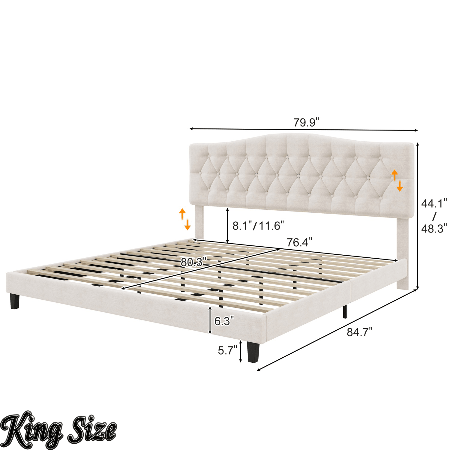 Bellemave® King Size Upholstered Platform Bed Frame with Saddle Curved Headboard & Diamond Tufted Details, Wooden Slats Support, No Box Spring Needed, Under Bed Storage - Bellemave