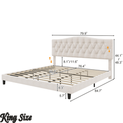 Bellemave® King Size Upholstered Platform Bed Frame with Saddle Curved Headboard & Diamond Tufted Details, Wooden Slats Support, No Box Spring Needed, Under Bed Storage - Bellemave