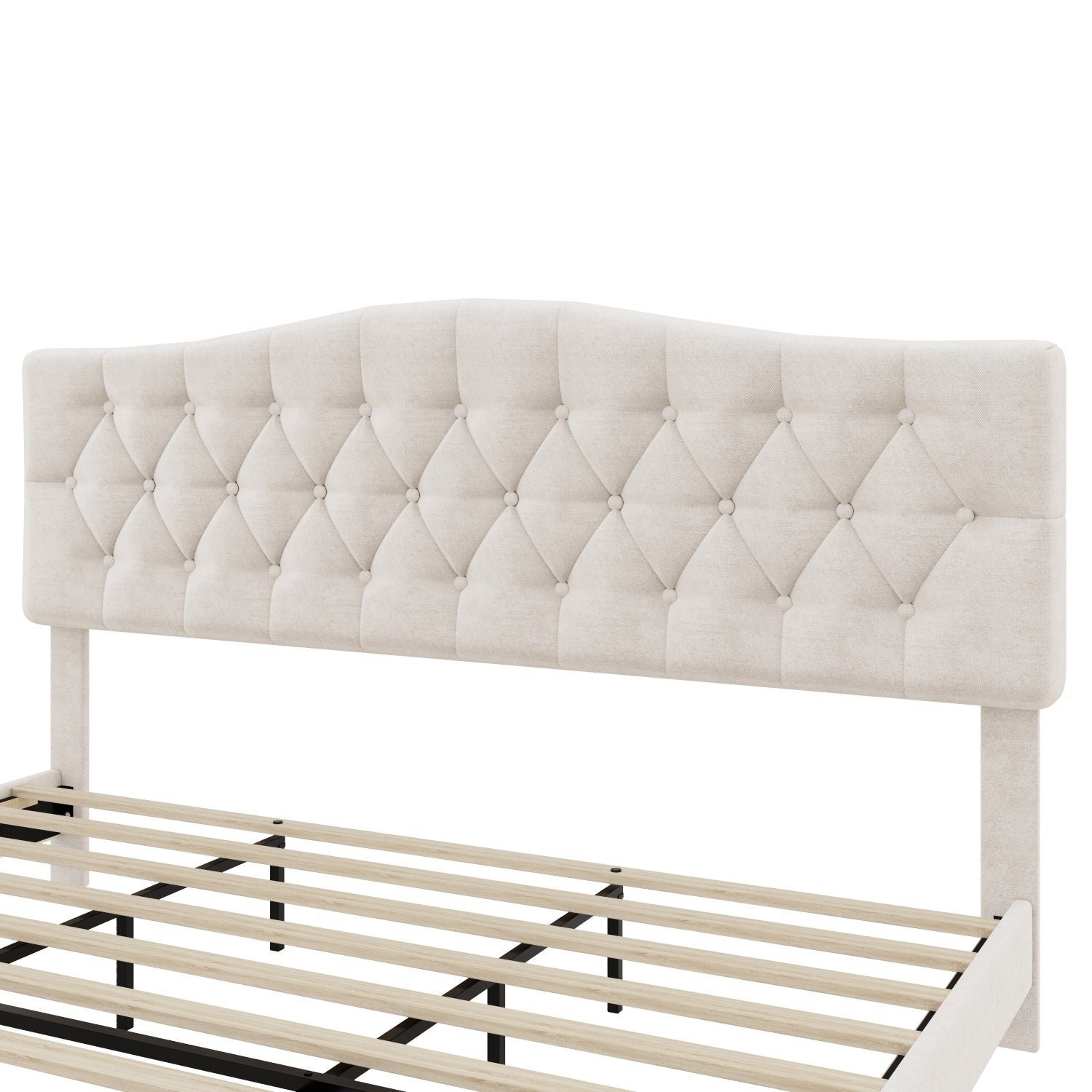 Bellemave® King Size Upholstered Platform Bed Frame with Saddle Curved Headboard & Diamond Tufted Details, Wooden Slats Support, No Box Spring Needed, Under Bed Storage - Bellemave