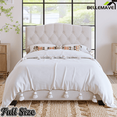 Bellemave® King Size Upholstered Platform Bed Frame with Saddle Curved Headboard & Diamond Tufted Details, Wooden Slats Support, No Box Spring Needed, Under Bed Storage - Bellemave