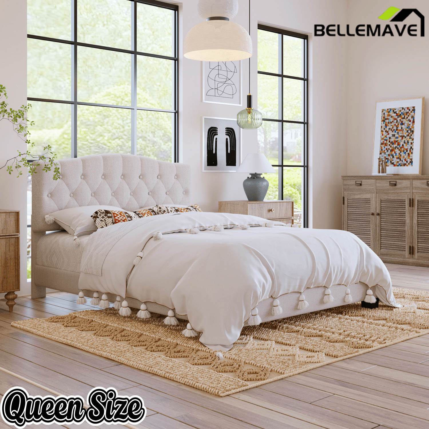 Bellemave® King Size Upholstered Platform Bed Frame with Saddle Curved Headboard & Diamond Tufted Details, Wooden Slats Support, No Box Spring Needed, Under Bed Storage - Bellemave