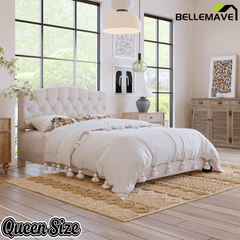 Bellemave® King Size Upholstered Platform Bed Frame with Saddle Curved Headboard & Diamond Tufted Details, Wooden Slats Support, No Box Spring Needed, Under Bed Storage - Bellemave