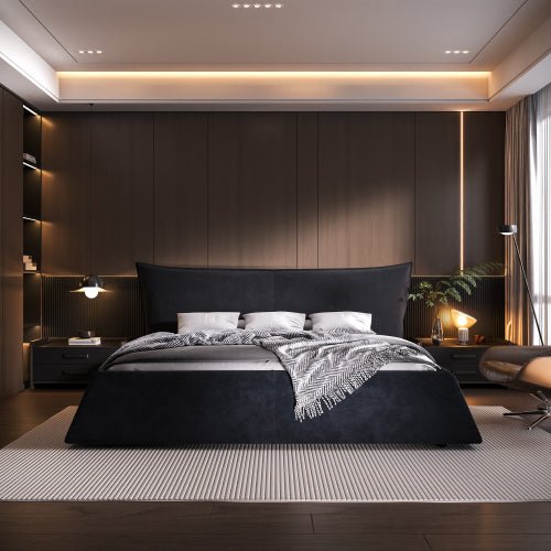 Bellemave® King Size Upholstered Platform Bed with Special Shaped Velvet Headboard, Metal & Solid Wood Frame - Bellemave