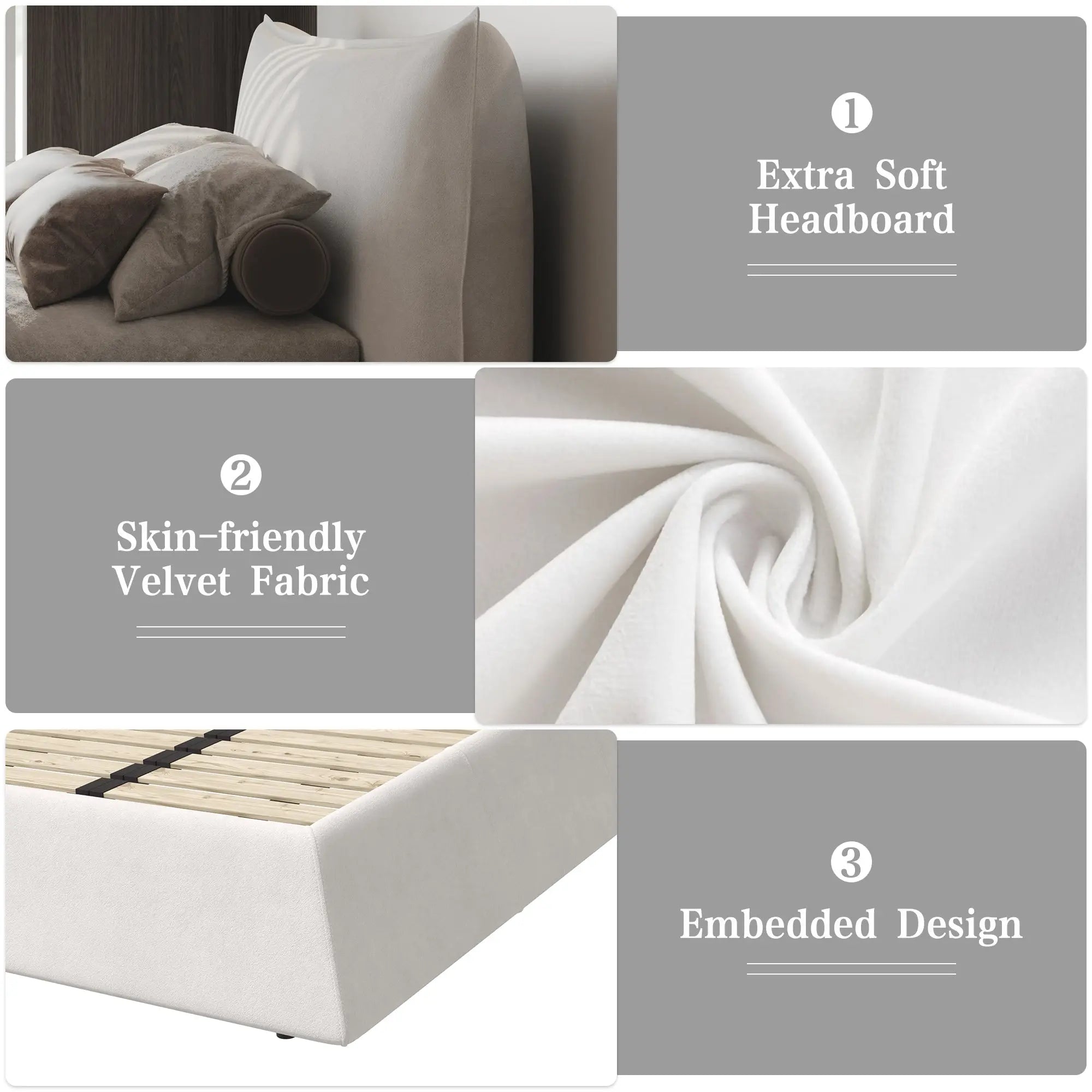 Bellemave® King Size Upholstered Platform Bed with Special Shaped Velvet Headboard, Metal & Solid Wood Frame - Bellemave