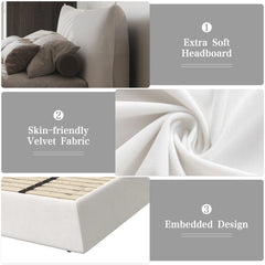 Bellemave® King Size Upholstered Platform Bed with Special Shaped Velvet Headboard, Metal & Solid Wood Frame - Bellemave