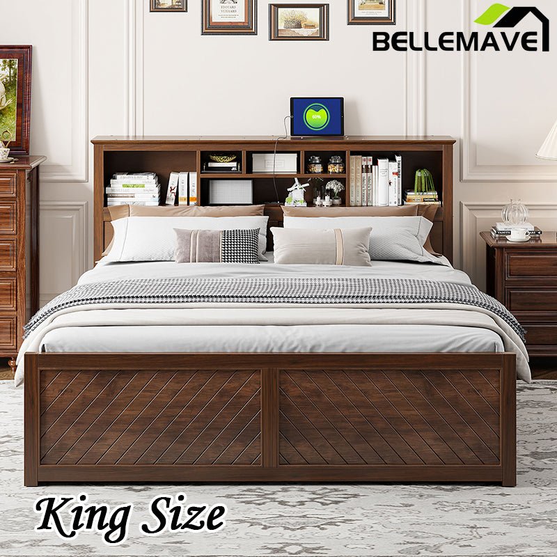 Bellemave® King Size Wood Platform Bed with Multi - storage Headboard, USB and Drawers - Bellemave
