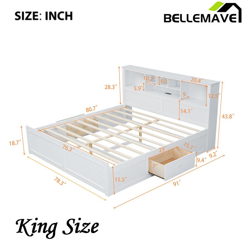 Bellemave® King Size Wood Platform Bed with Multi - storage Headboard, USB and Drawers - Bellemave