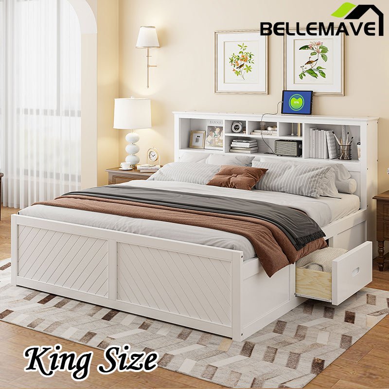 Bellemave® King Size Wood Platform Bed with Multi - storage Headboard, USB and Drawers - Bellemave