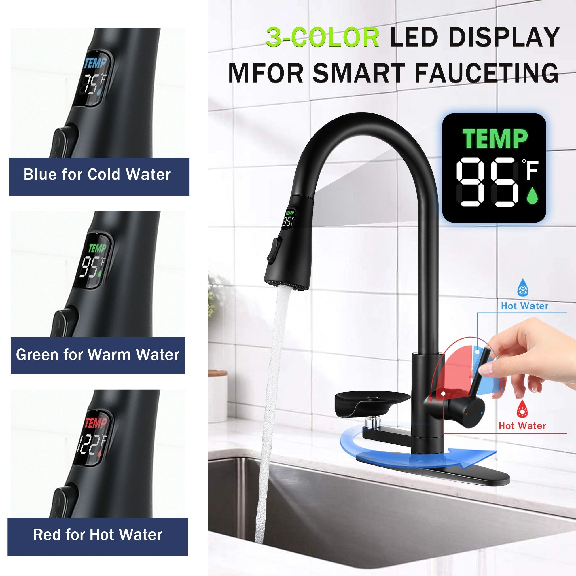 Bellemave® Kitchen Faucet with LED Temperature Display & Glass Rinser, High - Arc Pull - Down Sprayer - Bellemave