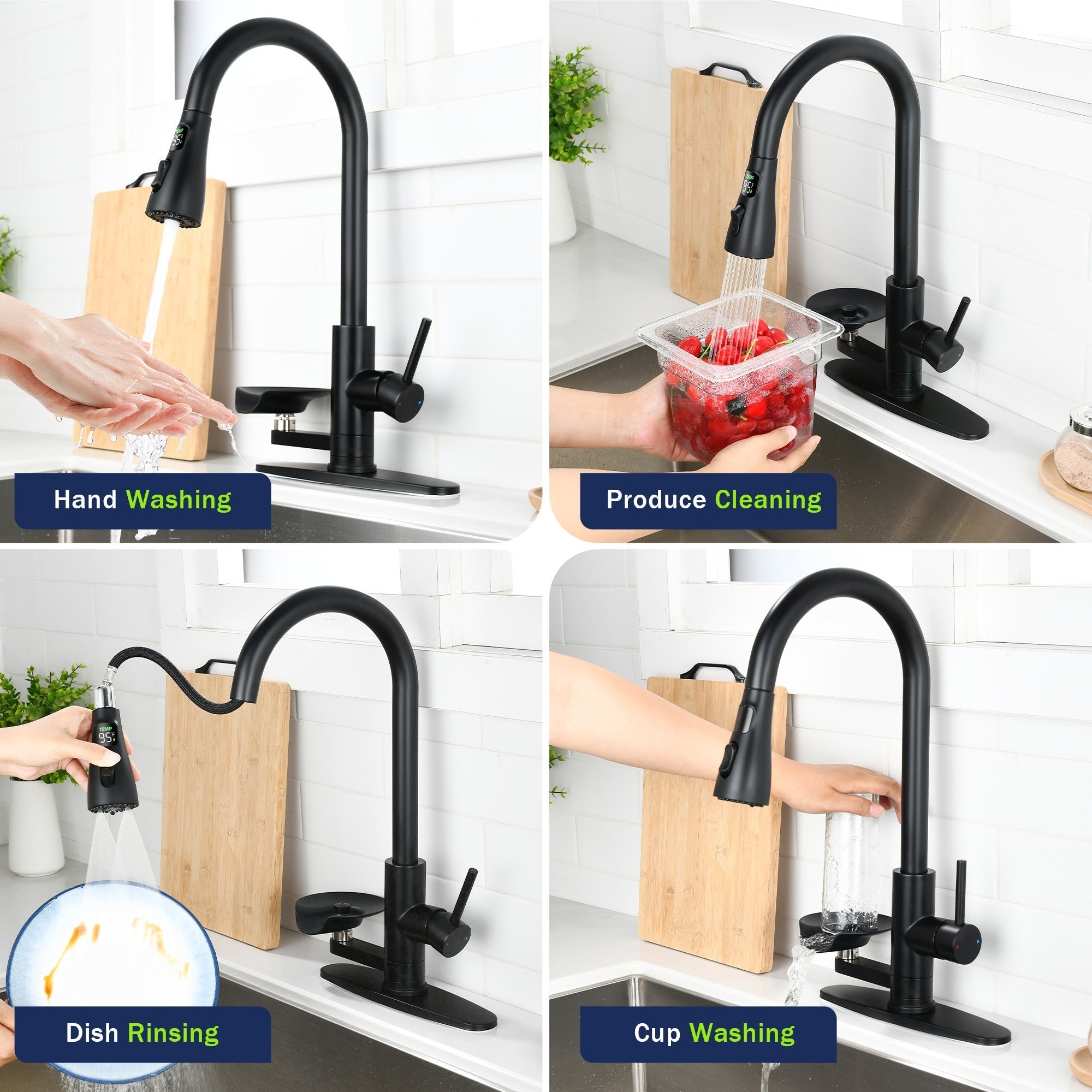 Bellemave® Kitchen Faucet with LED Temperature Display & Glass Rinser, High - Arc Pull - Down Sprayer - Bellemave