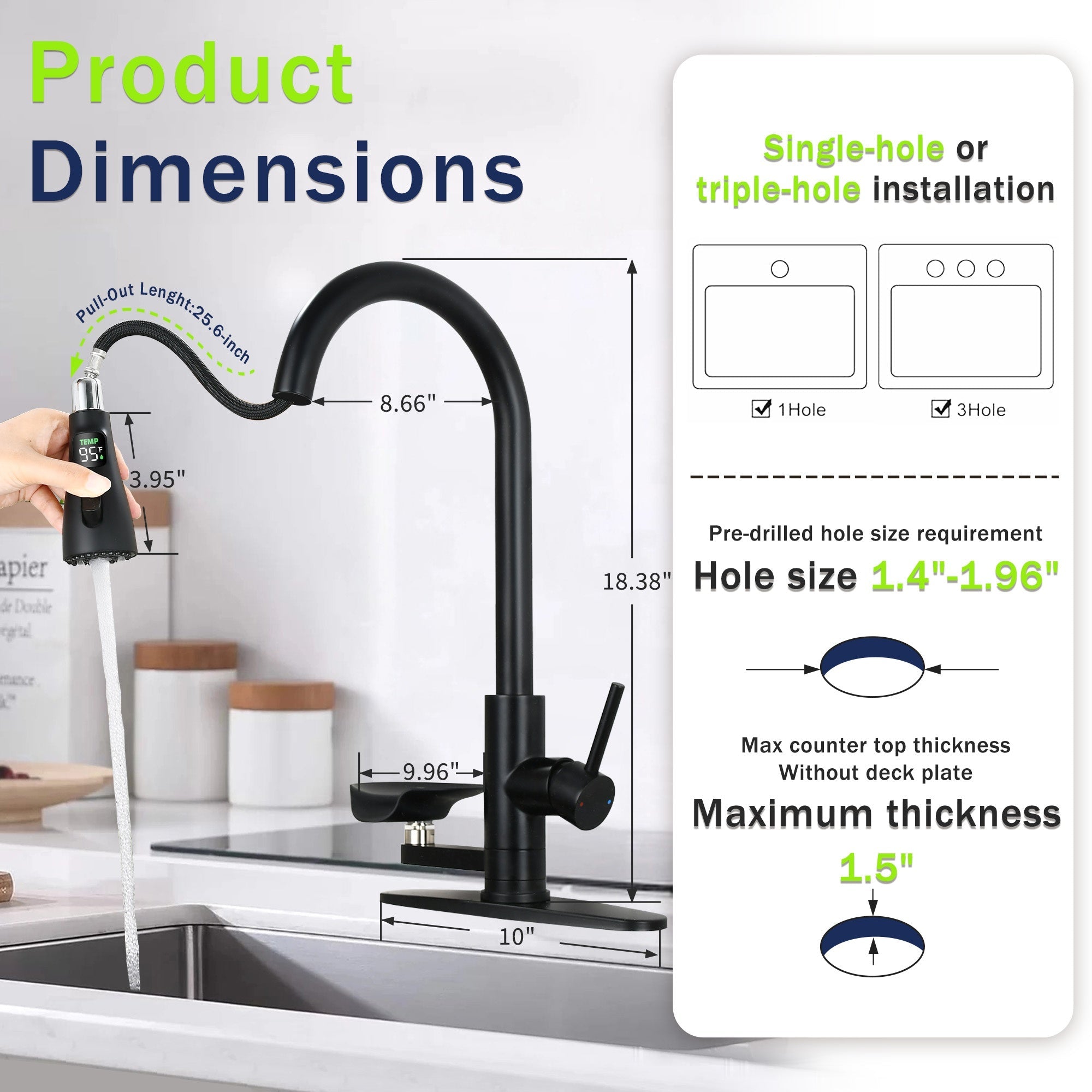 Bellemave® Kitchen Faucet with LED Temperature Display & Glass Rinser, High - Arc Pull - Down Sprayer - Bellemave