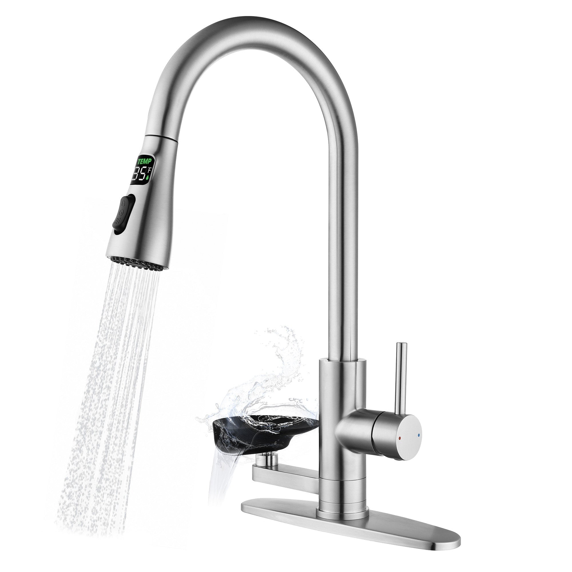 Bellemave® Kitchen Faucet with LED Temperature Display & Glass Rinser, High - Arc Pull - Down Sprayer - Bellemave