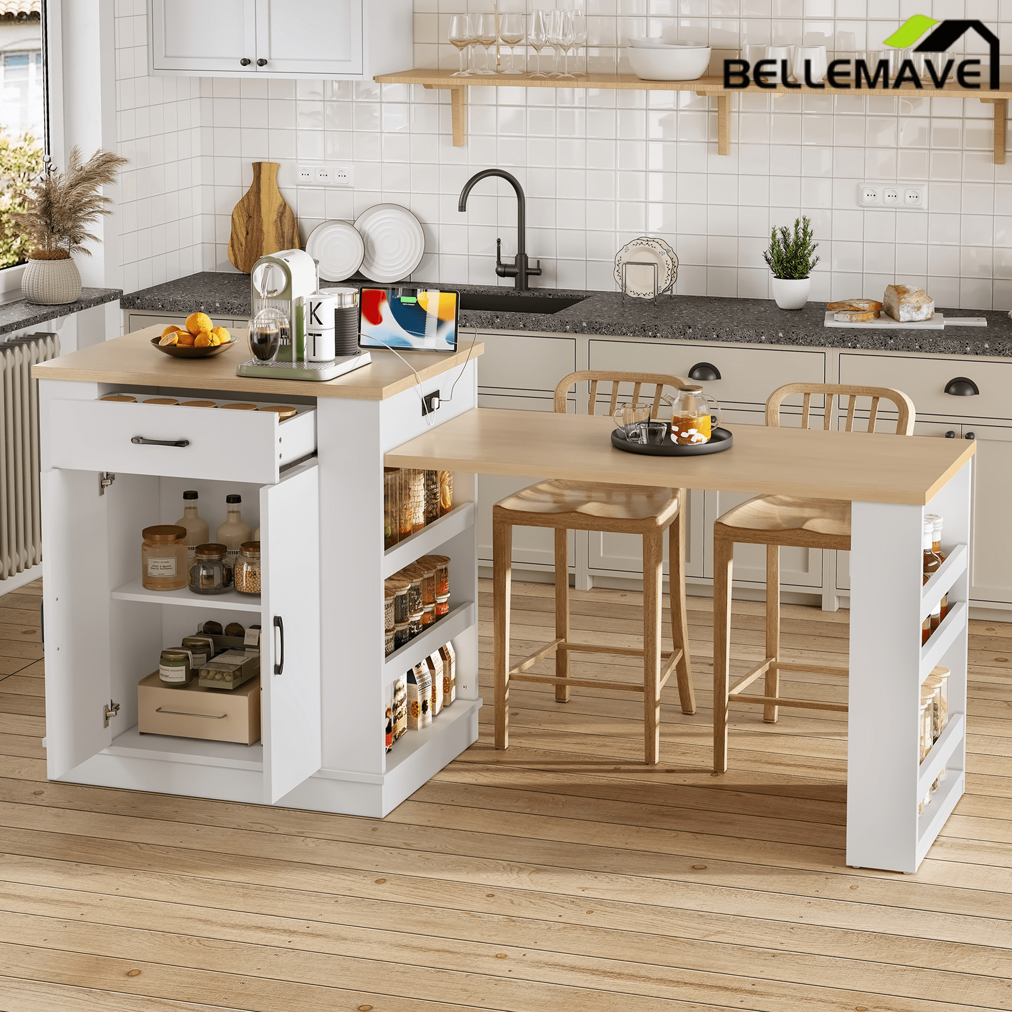 Bellemave® Kitchen Island with Extendable Dining Table, 80.7" Kitchen Storage Islands with Double - Door Cabinet, Power Outlet, 2 Drawers & 2 Open Shelves, Temporary Breakfast Bar - Bellemave