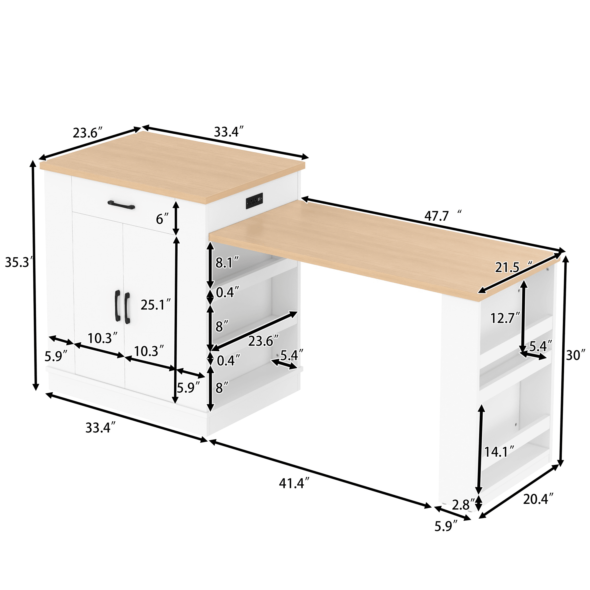 Bellemave® Kitchen Island with Extendable Dining Table, 80.7" Kitchen Storage Islands with Double - Door Cabinet, Power Outlet, 2 Drawers & 2 Open Shelves, Temporary Breakfast Bar - Bellemave