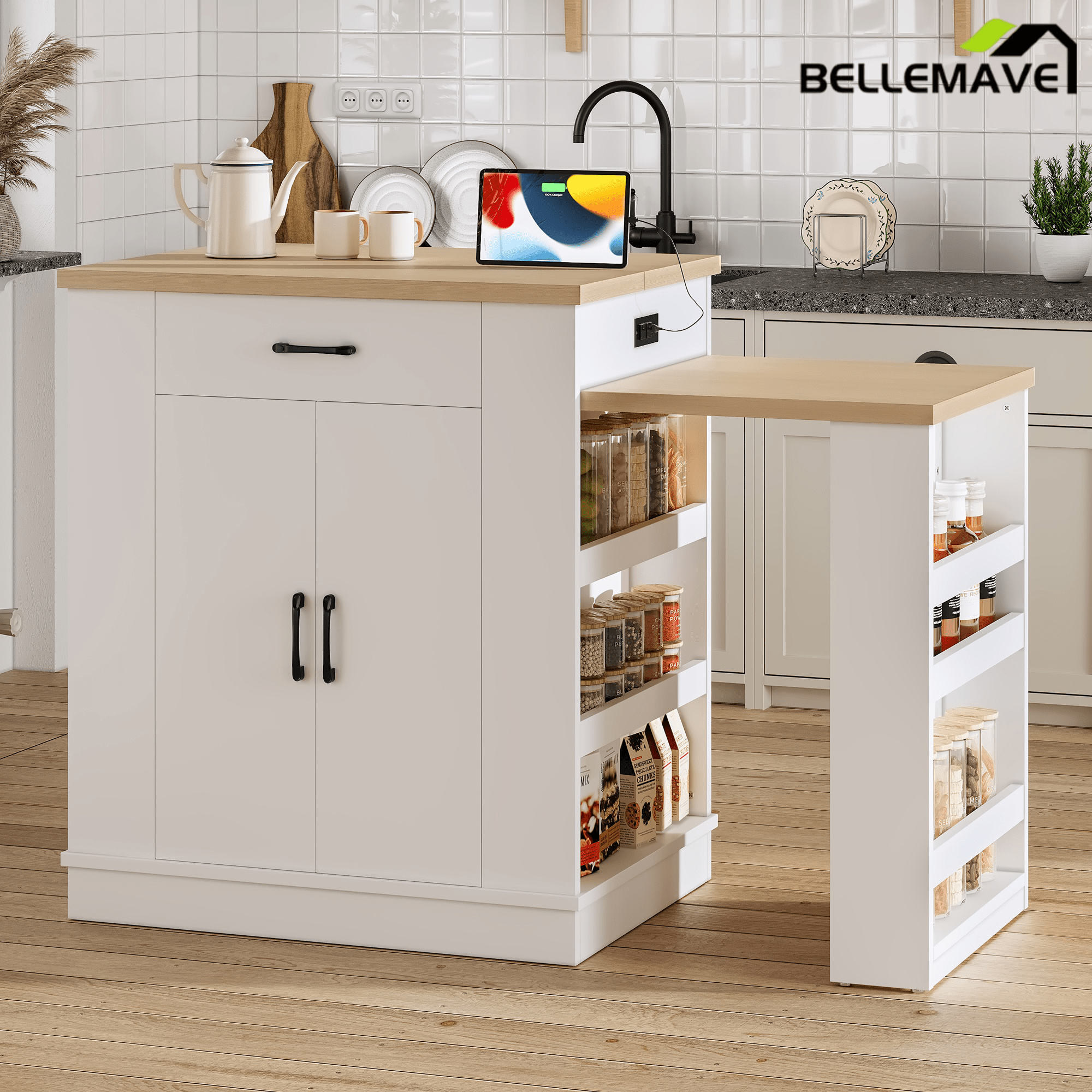 Bellemave® Kitchen Island with Extendable Dining Table, 80.7" Kitchen Storage Islands with Double - Door Cabinet, Power Outlet, 2 Drawers & 2 Open Shelves, Temporary Breakfast Bar - Bellemave