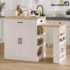 Bellemave® Kitchen Island with Extendable Dining Table, 80.7" Kitchen Storage Islands with Double - Door Cabinet, Power Outlet, 2 Drawers & 2 Open Shelves, Temporary Breakfast Bar - Bellemave