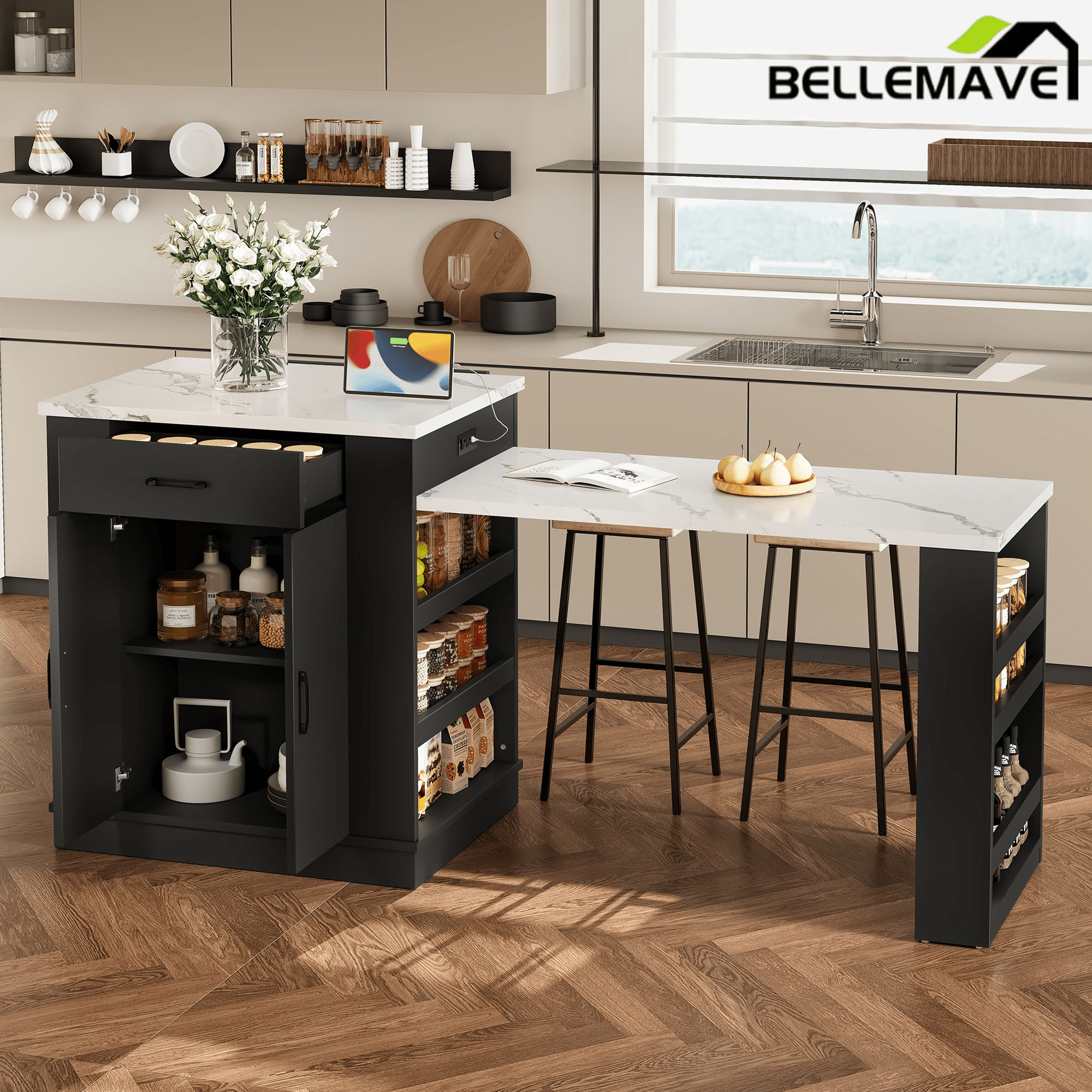 Bellemave® Kitchen Island with Extendable Dining Table, 80.7" Kitchen Storage Islands with Double - Door Cabinet, Power Outlet, 2 Drawers & 2 Open Shelves, Temporary Breakfast Bar - Bellemave